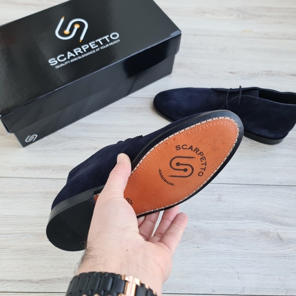 Suede Navy Blue Chukka Boots, Mens Lace-up Ankle Boots, Hand-Stitched Sole - Picture 2 of 5